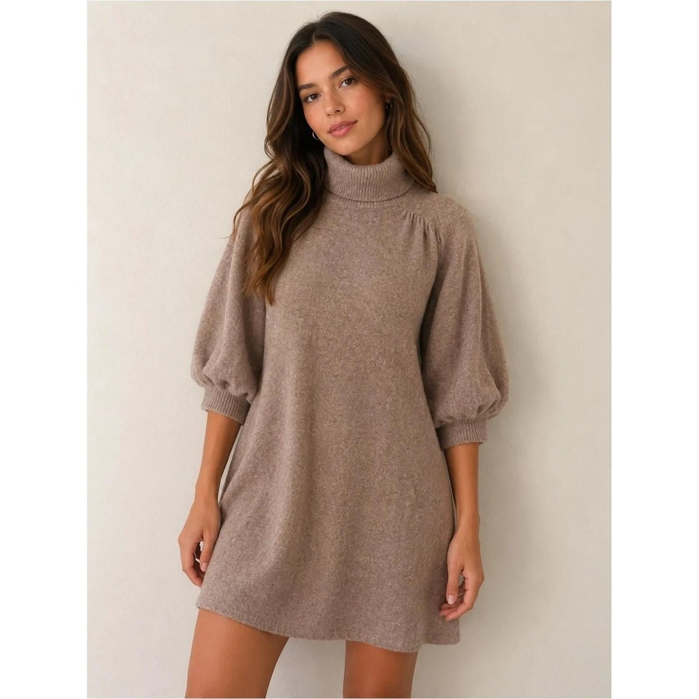Zara Brown Turtleneck Mini Puff Sleeve Sweater Dress Size Medium